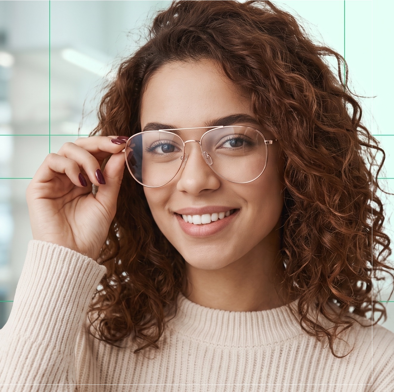Cliente sorrindo usando óculos de grau
